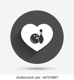 Love Bowling game sign icon. Ball with pin skittle symbol. Circle flat button with shadow. Vector