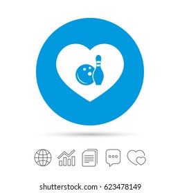 Love Bowling game sign icon. Ball with pin skittle symbol. Copy files, chat speech bubble and chart web icons. Vector