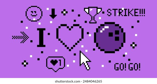 Love bowling pixel art 8 bit design. Sport banner concept. Composition with bowling ball, heart, text Strike. Pixels Y2k trendy playful sticker. Mood of 90's aesthetics. Simple geometric form