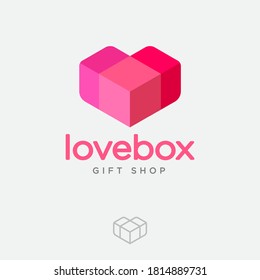 Love Box Logo. Gift And Presents Shop. Pink-red Heart Like Box. 3D Illusion. Contour Option.