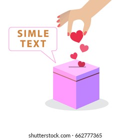 Love box. Window for your text. Hand of a lady embedding a paper heart in a box. Ready-made illustration for your banner or leaflets for Valentine's Day or charity