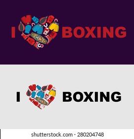 I love boxing. Symbol of heart of soprt gear: helmet, shorts and gloves. Template for application on  t-shirt for athletes.