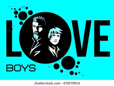 love boys vector poster design gay guys couple standing back to back with mint green hair on the blue background