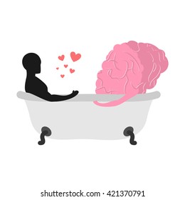 Love to brain. Mind and man in bath. Guy and central organ of nervous system to clean tub. Passion feelings among lovers. Romantic illustration together wash
