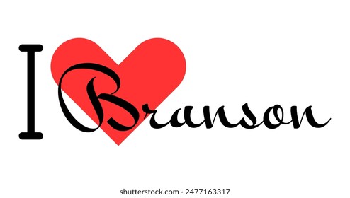 I love Branson, city of United States. Hand drawn letters with red heart. Vector illustration lettering, modern design for print t shirt, banner, poster, sticker or label.