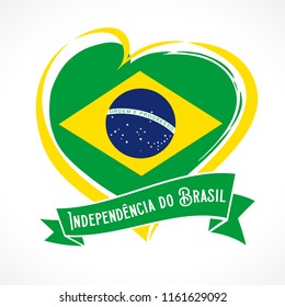 Love Brazil flag emblem with portuguese text Independencia do Brasil on ribbon. Translate: Independence day of Brazil, vector background with heart in national flag colors