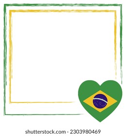 I love Brazil frame with national flag and heart. Vector illustration with empty space for text, travel diary, thoughts, memories, personal journals, feelings, banner, card, or social media.