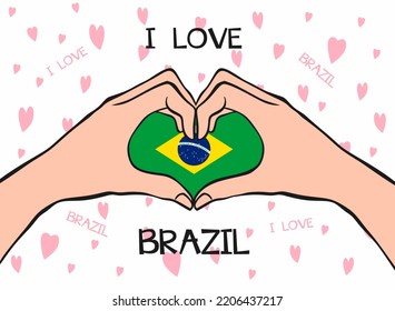 I love Brazil. Heart hand gesture with Brazil flag. Modern design with text I love Brazil in flat style. Beautiful background design with hearts. Vector illustration eps 10