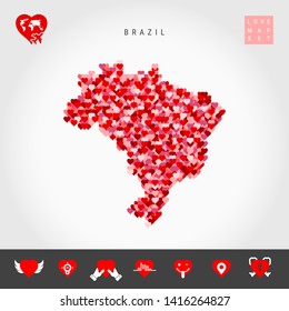 I Love Brazil. Red and Pink Hearts Pattern Vector Map of Brazil Isolated on Grey Background. Love Icon Set.
