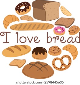 I love bread round design for banner or card with  different types of bread and bakery. Set with simple elements of food