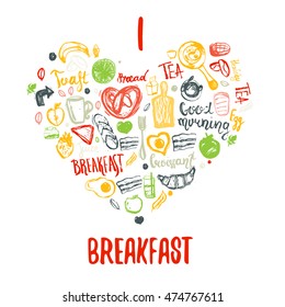 I love breakfast doodle hand drawn elements in heart shape. Can be used for menu,banner, background and site header.