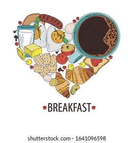 I love Breakfast: Breakfast products are laid out in the shape of a heart. Scrambled eggs, coffee, fruit, croissants, butter, milk. Vector drawing for menu design, postcards, covers.