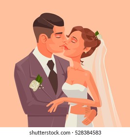 Love bride and groom character hug and kiss. Vector flat cartoon illustration