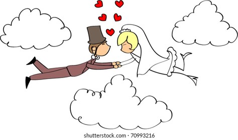 love the bride and groom are flying in the clouds, the vector