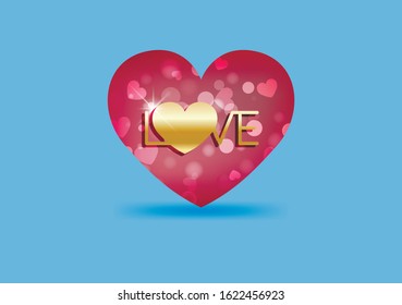 Love bright golden valentine's day banner in romantic style. Vector abstract template. Sweet heart bokeh concept in pink color.