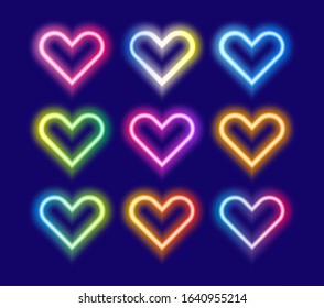 Love bright neon gradient isolated hearts in romantic style. Set of vector light abstract led icons. Colorful illuminated amour concept.