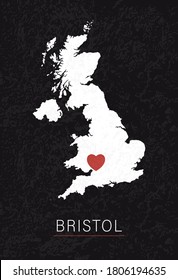 Me encanta Bristol Picture. Mapa del Reino Unido con el corazón como punto de ciudad. Ilustración de material vectorial