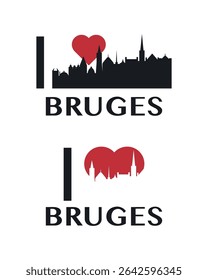 I love Bruges vector art, badge, tag, icon, logo concept. Belgium city landmarks and heart isolated image layout for print, image, card