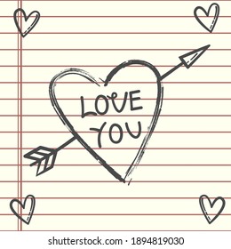 love brush with the words "love you", sweetheart calligraphy on paper, vector illustration