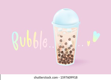 Love Bubble Milk tea with tea cup and lovely pink background.