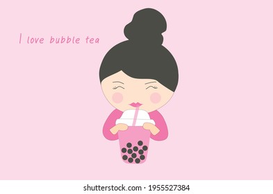 I love bubble tea concept, cute girl drinking bubble tea cup vector illustraiton 