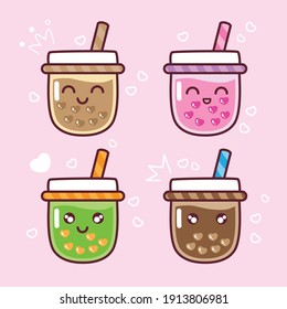 Love of Bubble tea flavors cup design collection, Pearl milk tea, Yummy drinks, Taiwan milk, Boba Bubble Milk Tea, Vector Illustration