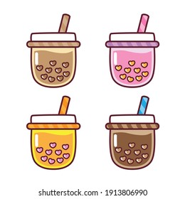 Love of Bubble tea flavors cup design collection, Pearl milk tea, Yummy drinks, Taiwan milk, Boba Bubble Milk Tea, Vector Illustration