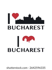 I love Bucharest vector art, badge, tag, icon, logo concept. Romania city landmarks and heart isolated image layout for print, image, card