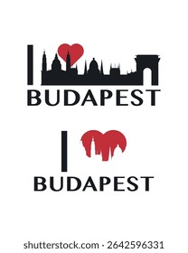 I love Budapest vector art, badge, tag, icon, logo concept. Hungary city landmarks and heart isolated image layout for print, image, card