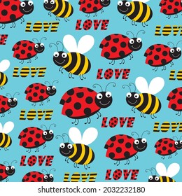 Love bug and bee pattern for valentine or wedding card and gift wrap