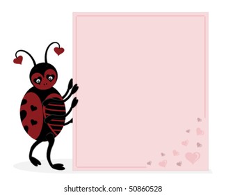 Love bug holding a pink love letter which you could write your own message on. Isolated on a white background.