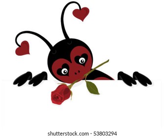 Love bug peeping over the top of a blank sign (white rectangle) with a rose in his mouth. Grouped so he could be placed on the top of any rectangular shape.