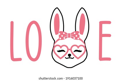 Love Bunny with glasses and bow. Rabbit For Valentine day and Easter design on t-shirt, mug, bag, mask background illustration.