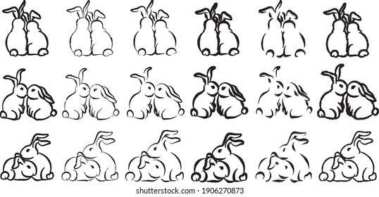 Love bunny rabbits for St Valentines and other romantic illustrations. Set of 18 (3 sketches x 6 brushes). (Looking into distance, kissing, hugging) x (flash, pencil, fluffy, thick, rough, grungy).	