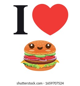 I Love Burger Poster. Love to Fast Food poster. Cute Burger Illustration. Stock Vector Illustration.