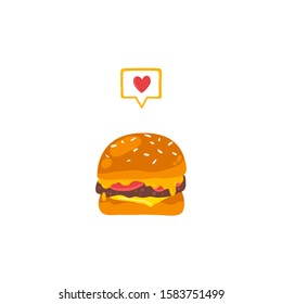 I love the burger. Vector stock illustration of fast food in a simple cartoon style. Appetizing bun with meat and vegetables. Heart message.