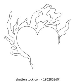 Love. A burning heart. Vector black and white line drawing. Continuous line art
