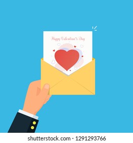 Love by mailing. Close-up of person hand holding mail envelope with greeting card Valentines Day. Vector illustration in flat style.