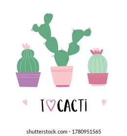 Me encantan los cactus. Cactus set. Ilustración vectorial aislada en un fondo blanco. Ilustraciones de cactus dibujadas a mano.