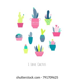 I love cactus. Vector set with cute cactuses and succulents in flowerpots. Illustration with home plants in scandinavian style.