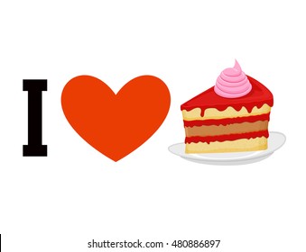 I Love Cake. Heart And Piece Of Cake. Logo For Sweet Tooth. Dessert In Plate