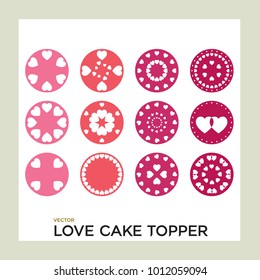 Love cake topper set. Heart pattern in a shape. Vector Illustration.
