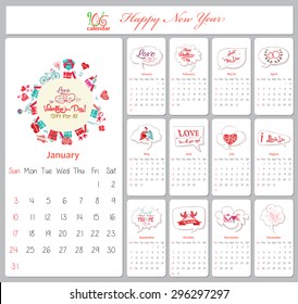 Love calendar for 2016 with greeting bubble