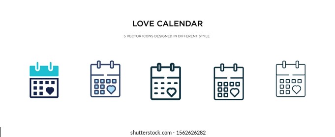 love calendar icon in different style vector illustration. two colored and black love calendar vector icons designed in filled, outline, line and stroke style can be used for web, mobile, ui