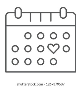Love calendar thin line icon, valentine and love, romance date sign, vector graphics, a linear pattern on a white background, eps 10.