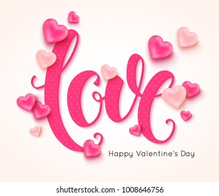 Love calligraphic inscription decorated pink balloons in the shape of heart on pastel background for banner poster. Vector illustration