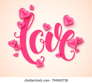 Love calligraphic inscription decorated pink balloons in the shape of heart on pastel background for banner poster. Vector illustration