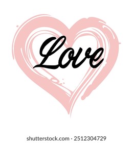 Love calligraphic text with brushed hand drawn heart, background texture