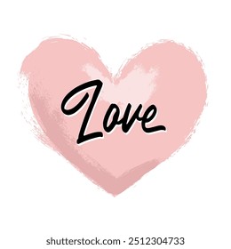 Texto caligráfico del amor con el corazón dibujado a mano cepillado, textura del fondo