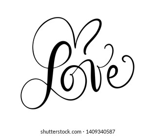 Love calligraphic vector text with romantic hearts. Handwritten ink lettering valentine concept. Modern brush calligraphy, Isolated on white background